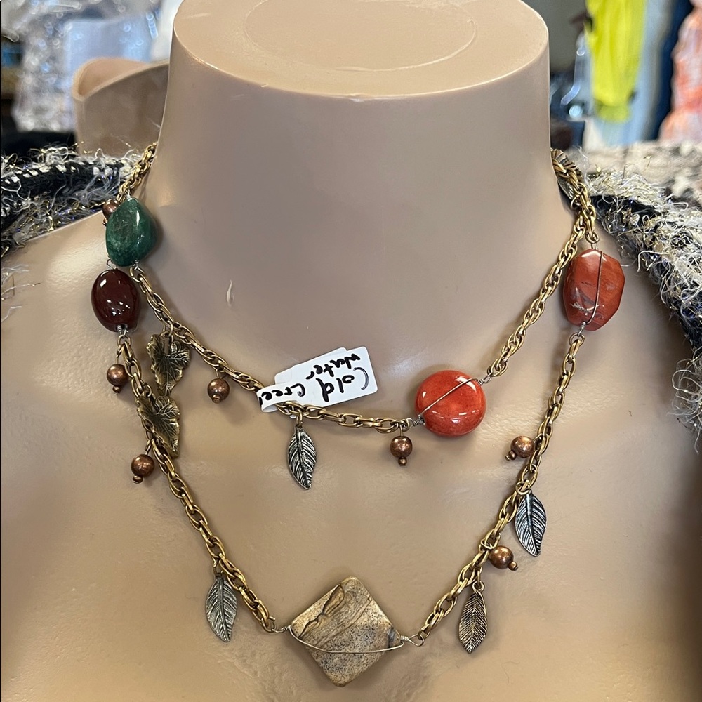 Coldwater Creek Multicolor Beaded Necklace with Leaf Charms